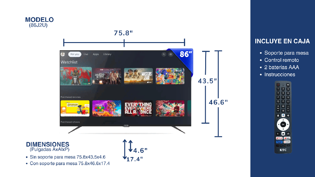 TELEVISOR KTC 86" SMART 4K UHD/QLED/HDMIx3/USBx2/AND11/GOOGLE TV (86J2U)(J86QDC)